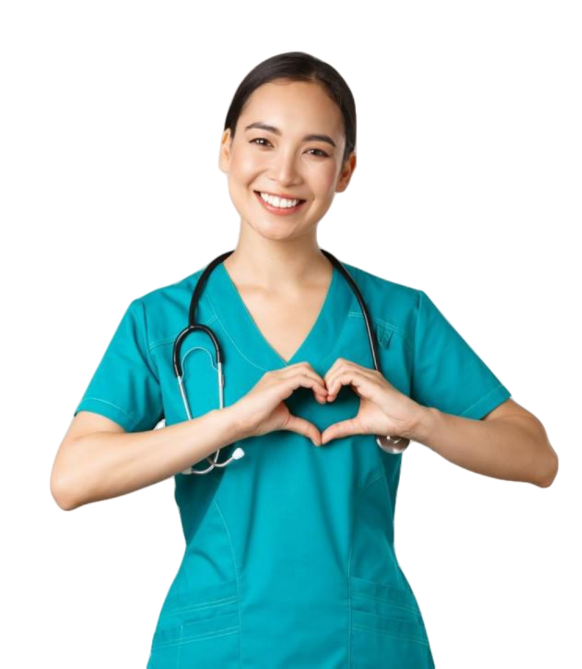 Female care worker makes a heart hand gesture on her left chest